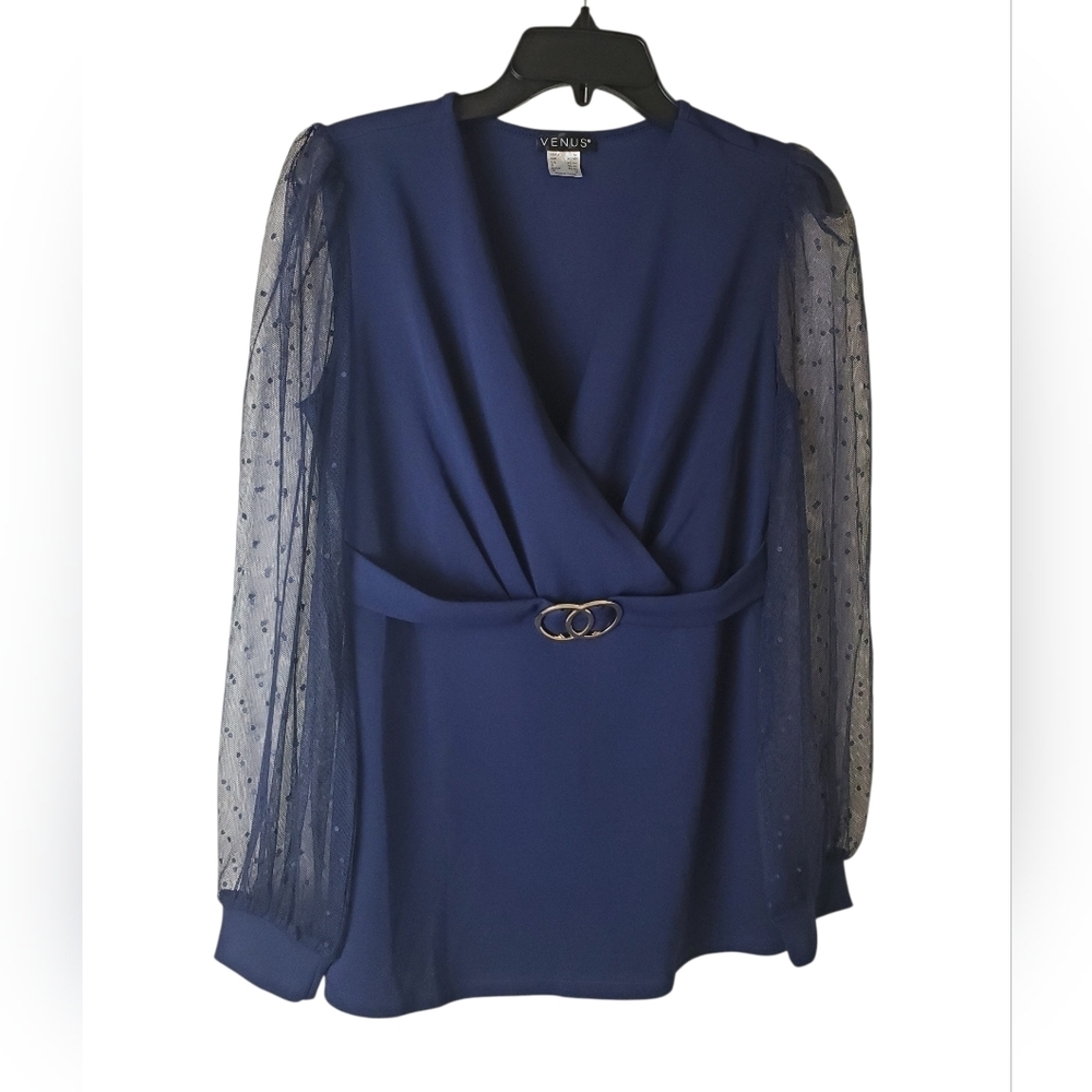 Venus Size M Elegant Navy Wrap Top with Sheer Sleeves - Picture 2 of 7